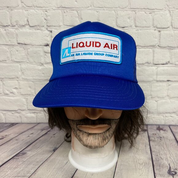 Vintage Trucker Hat Mesh Cap Snapback Blue Liquid Air Embroidered Patch YOUNGAN - Picture 1 of 8